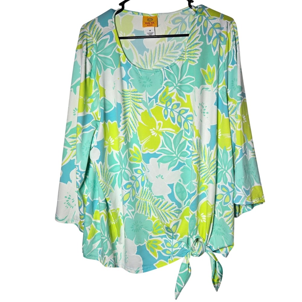 Ruby Rd Womens Floral Tie Top Plus‎ 1X Tropical Coastal Beach Stretch Resortwear